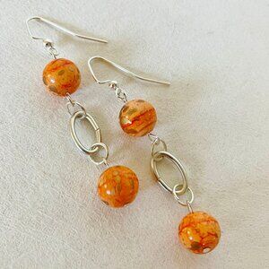 Orange Swirl Earrings Ceramic Beaded Silvertone Metal Oval Hoop Handcrafted New